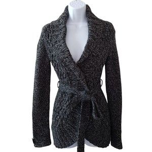 DKNY Jeans, Long Sleeve Belted Sweater, Shawl Collar, One Button, Black/Gray, XS